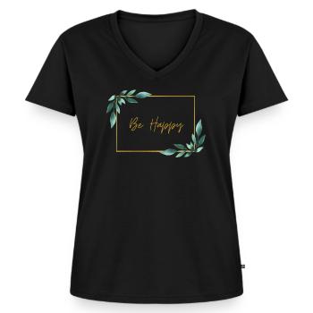 Be Happy Schönes Pflanzenmotiv und Spruch - Frauen Premium Bio T-Shirt mit V-Ausschnitt - Schwarz - Vorne - AI Model Female 172 light (172cm)
