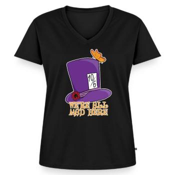 Wir sind alle verrückt hier - Mad Hatter Top Hat - Frauen Premium Bio T-Shirt mit V-Ausschnitt - Schwarz - Vorne - AI Model Female 172 light (172cm)