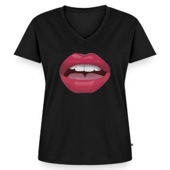 Rote Lippen mit Zähnen - Frauen Premium Bio T-Shirt mit V-Ausschnitt - Schwarz - Vorne - AI Model Female 172 light (172cm)
