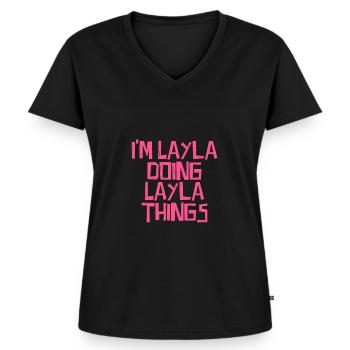 I'm Layla doing Layla things - Frauen Premium Bio T-Shirt mit V-Ausschnitt - Schwarz - Vorne - AI Model Female 172 light (172cm)