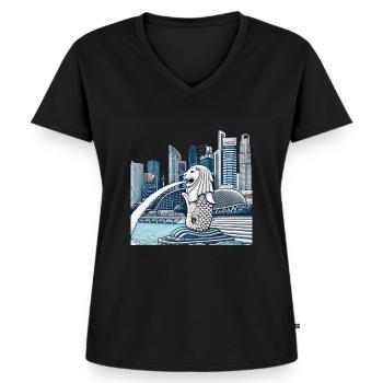 Ligne d’horizon de Singapour Merlion - T-shirt encolure en V Premium bio Femme - noir - Devant - AI Model Female 172 light (172cm)