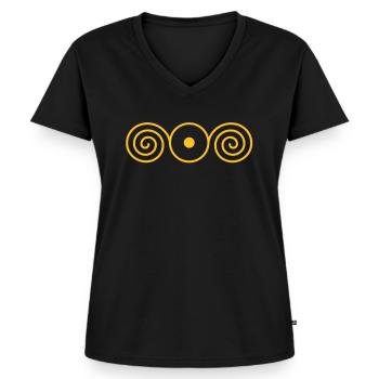 LIGHT IN THE HEART, vector, sun sign with spirales - Women's Premium Organic V-neck T-shirt - black - Front - AI Model Female 172 light (172cm)