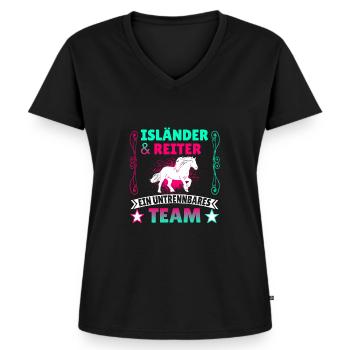 Islandpferd Reiter Team Reiterspruch Isländer süß - Frauen Premium Bio T-Shirt mit V-Ausschnitt - Schwarz - Vorne - AI Model Female 172 light (172cm)