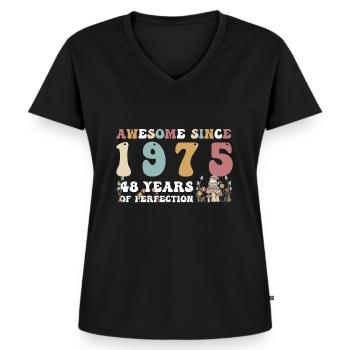 Génial depuis 1975 48 Année de Perfection - 48ème - T-shirt encolure en V Premium bio Femme - noir - Devant - AI Model Female 172 light (172cm)