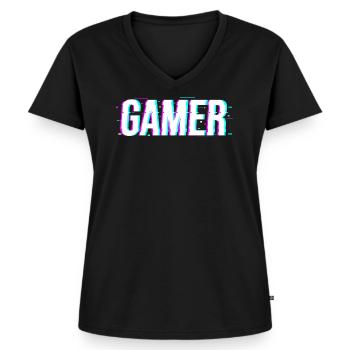 Gamer Zocker Glitch - Frauen Premium Bio T-Shirt mit V-Ausschnitt - Schwarz - Vorne - AI Model Female 172 light (172cm)