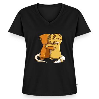 Leopardgecko umarmt Kronengecko - Frauen Premium Bio T-Shirt mit V-Ausschnitt - Schwarz - Vorne - AI Model Female 172 light (172cm)