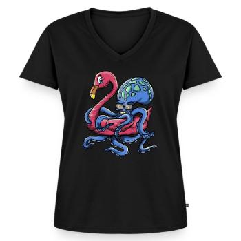 Octopus Wearing A Flamingo Hoop - Pool Party - Frauen Premium Bio T-Shirt mit V-Ausschnitt - Schwarz - Vorne - AI Model Female 172 light (172cm)
