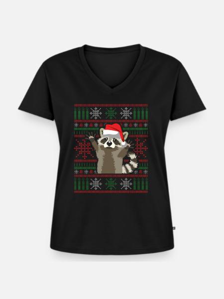 Ugly Christmas Waschbär - Frauen Premium Bio T-Shirt mit V-Ausschnitt - Schwarz