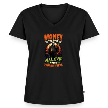 Halloween Barkeeper Money Root Evil Cleanse Here - T-shirt encolure en V Premium bio Femme - noir - Devant - AI Model Female 172 light (172cm)