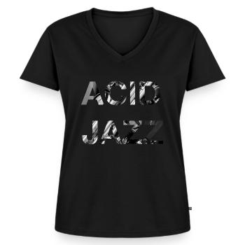 Acid Jazz Music Black White Typografie Modern - Frauen Premium Bio T-Shirt mit V-Ausschnitt - Schwarz - Vorne - AI Model Female 172 light (172cm)