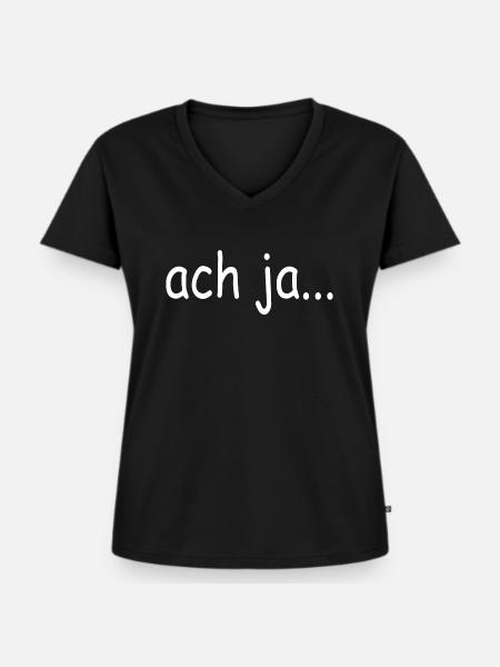 "ach ja", T-Shirt mit Seufzer - Frauen Premium Bio T-Shirt mit V-Ausschnitt - Schwarz