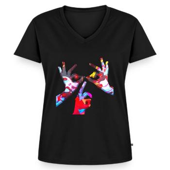 Illusion d’optique art psychédélique rétro formes sexe - T-shirt encolure en V Premium bio Femme - noir - Devant - AI Model Female 172 light (172cm)
