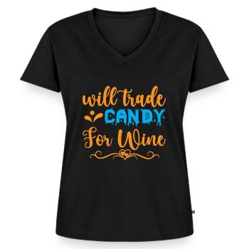 Wird Süßigkeiten gegen Wein eintauschen - Halloween-Humor - Frauen Premium Bio T-Shirt mit V-Ausschnitt - Schwarz - Vorne - AI Model Female 172 light (172cm)