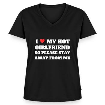 I Love My Girlfriend – Stay Away Shirt funny Gift - Frauen Premium Bio T-Shirt mit V-Ausschnitt - Schwarz - Vorne - AI Model Female 172 light (172cm)