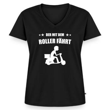 Der mit dem Roller fährt Rollerfahrer - Frauen Premium Bio T-Shirt mit V-Ausschnitt - Schwarz - Vorne - AI Model Female 172 light (172cm)