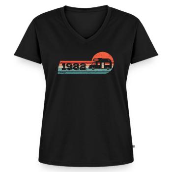 Motorhome Driver Camping born in 1982 Birthday - Women's Premium Organic V-neck T-shirt - black - Front - AI Model Female 172 light (172cm)