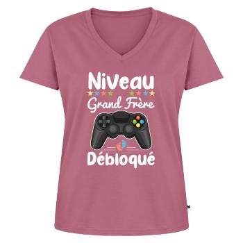 Niveau Grand Frère Débloqué Annonce Grossesse Geek - T-shirt encolure en V Premium bio Femme - mauve - Devant - AI Model Female 172 dark (172cm)