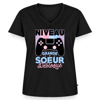 Future Grand Soeur Gamer Annonce Grossesse Geek - T-shirt encolure en V Premium bio Femme - noir - Devant - AI Model Female 172 light (172cm)