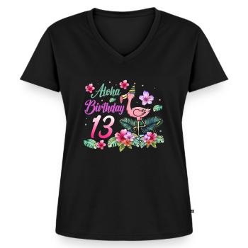 Aloha Geburtstag 13 Flamingo Vogel 13. Geburtstag - Frauen Premium Bio T-Shirt mit V-Ausschnitt - Schwarz - Vorne - AI Model Female 172 light (172cm)