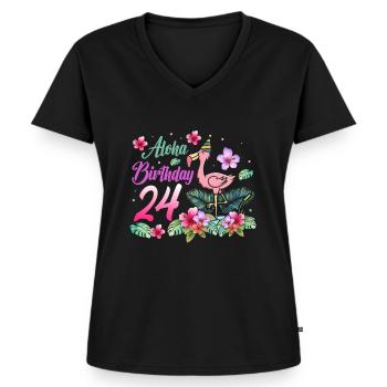 Aloha Geburtstag 24 Flamingo Vogel 24. Geburtstag - Frauen Premium Bio T-Shirt mit V-Ausschnitt - Schwarz - Vorne - AI Model Female 172 light (172cm)