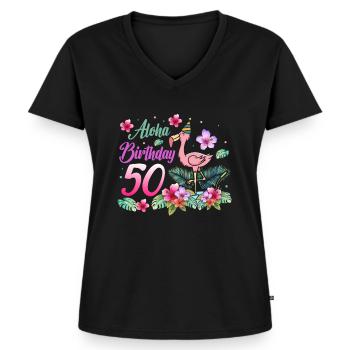 Aloha Geburtstag 50 Flamingo Vogel 50. Geburtstag - Frauen Premium Bio T-Shirt mit V-Ausschnitt - Schwarz - Vorne - AI Model Female 172 light (172cm)