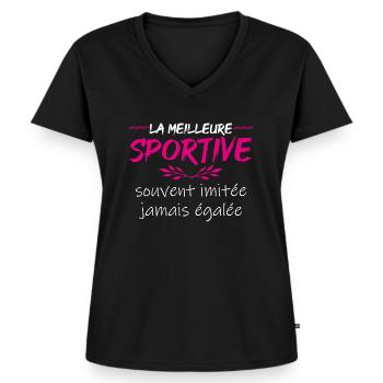cadeau sympa femme sportive sport - T-shirt encolure en V Premium bio Femme - noir - Devant - AI Model Female 172 light (172cm)