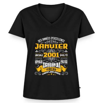 JANVIER 2001 | ORIGINAL PIÈCES - T-shirt encolure en V Premium bio Femme - noir - Devant - AI Model Female 172 light (172cm)