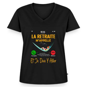 Retraité Femme Humour La Retraite M'appelle Cadeau - T-shirt encolure en V Premium bio Femme - noir - Devant - AI Model Female 172 light (172cm)