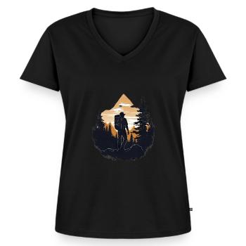Wandern Berge Bäume Alpen - Frauen Premium Bio T-Shirt mit V-Ausschnitt - Schwarz - Vorne - AI Model Female 172 light (172cm)