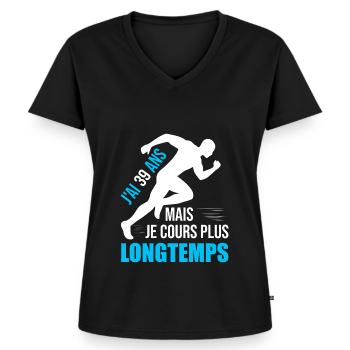 Running Cadeau Anniversaire 39 Ans Humour Coureur - T-shirt encolure en V Premium bio Femme - noir - Devant - AI Model Female 172 light (172cm)