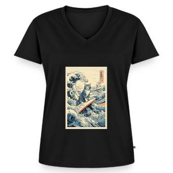 Cat Surfer Hokusai Japanese Art Humor Kanagawa - Women's Premium Organic V-neck T-shirt - black - Front - AI Model Female 172 light (172cm)