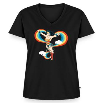 Wonder Woman Regenbogen - Frauen Premium Bio T-Shirt mit V-Ausschnitt - Schwarz - Vorne - AI Model Female 172 light (172cm)