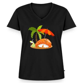 Sushi lustig Nigiri macht Urlaub chillt am Strand - Frauen Premium Bio T-Shirt mit V-Ausschnitt - Schwarz - Vorne - AI Model Female 172 light (172cm)