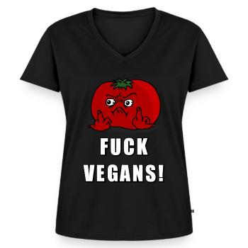 Pissed Tomato: Fuck Vegans! - Women's Premium Organic V-neck T-shirt - black - Front - AI Model Female 172 light (172cm)