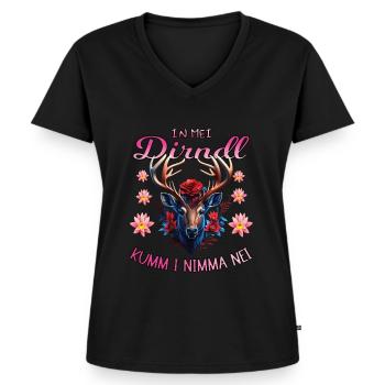 Trachtenshirt Damen In mei Dirndl kumm i nimma nei - Frauen Premium Bio T-Shirt mit V-Ausschnitt - Schwarz - Vorne - AI Model Female 172 light (172cm)
