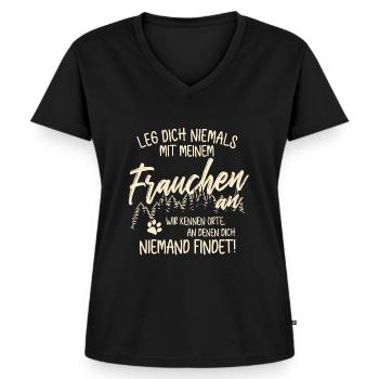 Leg dich nicht mit Frauchen an - Hunde Gassi gehen - Frauen Premium Bio T-Shirt mit V-Ausschnitt - Schwarz - Vorne - AI Model Female 172 light (172cm)