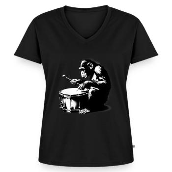 Batteur dans Monkey Orchestra StreetArt Banksy Style - T-shirt encolure en V Premium bio Femme - noir - Devant - AI Model Female 172 light (172cm)