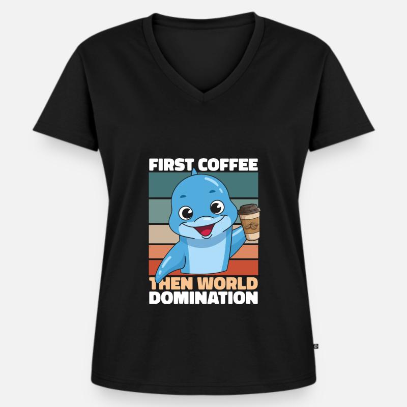 Delfin Delphin Kaffee - Frauen Premium Bio T-Shirt mit V-Ausschnitt - Schwarz