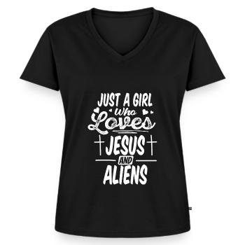 Christ Christianity Funny Extraterrestrial Jesus - Women's Premium Organic V-neck T-shirt - black - Front - AI Model Female 172 light (172cm)