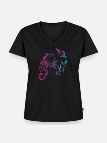 Retro Astronaut im Weltall - Frauen Premium Bio T-Shirt mit V-Ausschnitt - Schwarz