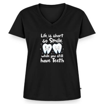 Zahnarzt Zahn Zahnärztin Dentist Zähne Geschenk - Frauen Premium Bio T-Shirt mit V-Ausschnitt - Schwarz - Vorne - AI Model Female 172 light (172cm)