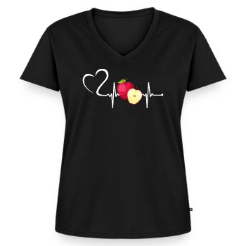 Witziges Herzschlag EKG Apfel Früchte Frucht Äpfel - Frauen Premium Bio T-Shirt mit V-Ausschnitt - Schwarz - Vorne - AI Model Female 172 light (172cm)