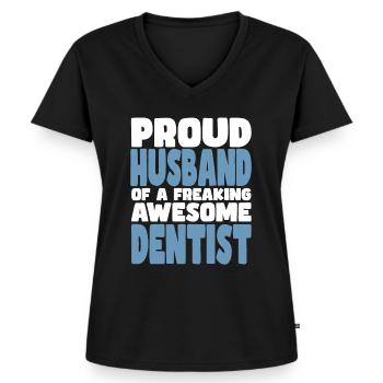 Fière épouse d’un sacré bon dentiste - T-shirt encolure en V Premium bio Femme - noir - Devant - AI Model Female 172 light (172cm)
