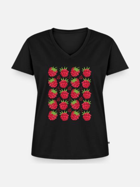Himbeere Beeren Frucht Muster - Frauen Premium Bio T-Shirt mit V-Ausschnitt - Schwarz