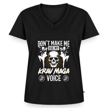 Krav Maga Apparel Israeli Self - Frauen Premium Bio T-Shirt mit V-Ausschnitt - Schwarz - Vorne - AI Model Female 172 light (172cm)