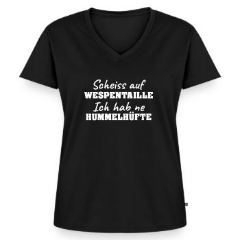 Scheiss auf Wespentaille | Ich Hab ne Hummelhüfte! - Frauen Premium Bio T-Shirt mit V-Ausschnitt - Schwarz - Vorne - AI Model Female 172 light (172cm)