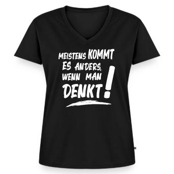 Meistens kommt es anders wenn man denkt! Spruch - Frauen Premium Bio T-Shirt mit V-Ausschnitt - Schwarz - Vorne - AI Model Female 172 light (172cm)