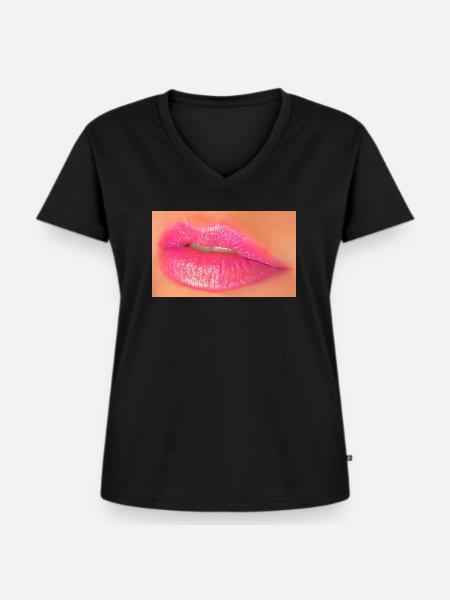 Pink lips - Frauen Premium Bio T-Shirt mit V-Ausschnitt - Schwarz