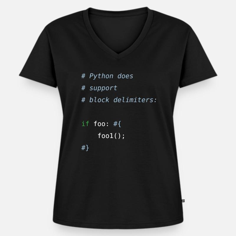 Code Python | Délimiteurs de blocs Humour du programmeur - T-shirt encolure en V Premium bio Femme - noir