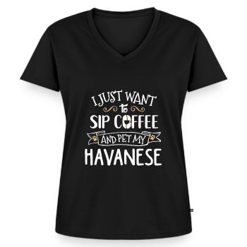 Lustiges Havaneser Hunde- und Kaffeehemd - Sip and Petb - Frauen Premium Bio T-Shirt mit V-Ausschnitt - Schwarz - Vorne - AI Model Female 172 light (172cm)